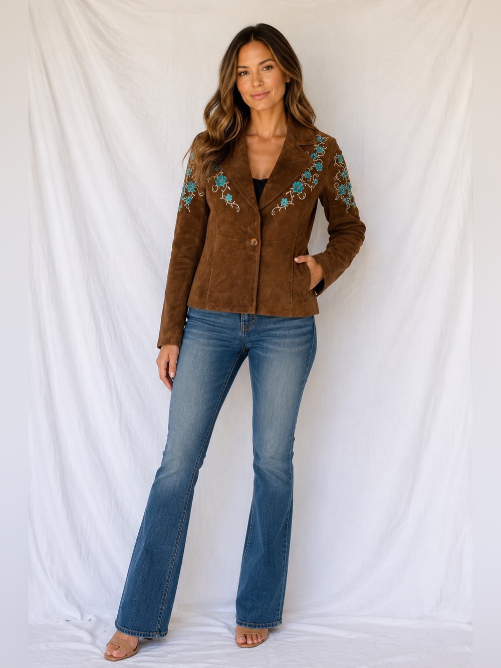 King Ranch Women's Brown Suede Blazer with Turquoise Floral Embroidery Size L